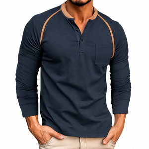 Camisa de Manga Larga para Hombre, Tejida, Ligera, con Botones, de Algodón, Corte Regular, Cuello Redondo, Estampado Frontal, Transpirable, Ecológica, de Secado Rápido - Product Image 1