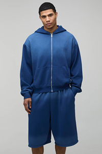 Conjunto de Sudadera con Capucha y Pantalones Cortos de Forro Polar Azul Unisex, Manga Larga, Bolsillos con Cremallera, Ajuste Holgado, Ropa Deportiva Informal de Dos Piezas, Largo por Encima de la Rodilla, Color Sólido - Product Image 4