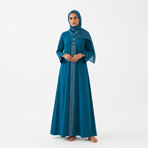 Robe Abaya musulmane bleue à manches longues, robe Maxi Jilbab avec foulard intégré pour femmes - Product Image 4