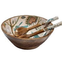Vente en gros de bols à salade en bois d'acacia de grande capacité avec design émaillé classique écologique J N Crafts, ustensile de service, logo personnalisé