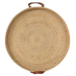 Handmade Woven Plant Fiber Round Decorative Tray With Handles Rustic Style Bamboo Rattan Craft For <b>Home</b> Decoration - Product Image 4