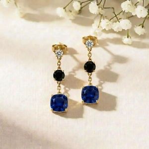 Blue Sapphire Gemstone Earrings With <b>Black</b> Obsidian Drop Cushion Cut Dangle Earrings Fine Jewelry Gift For Women - Product Image 5