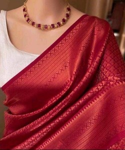 Traditional Indian Silk Saree Women's Wedding Wear Banarasi Style Draped Sari With Border Pattern <b>Floor</b>-Length Regular Fit - Product Image 1