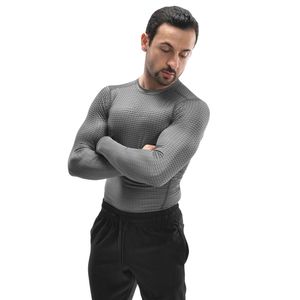 <b>Men's</b> Gray Textured Long Sleeve Athletic Compression Shirt Slim Fit Crew Neck <b>Base</b> <b>Layer</b> Training Top for Gym Fitness Workout - Product Image 3