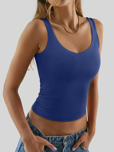 Camiseta sin mangas para mujer, de color liso, con tirantes, acanalada, a la moda, con doble forro, cuello en V, informal, básica, moderna, para hacer ejercicio, salir o ir de fiesta. - Product Image 4
