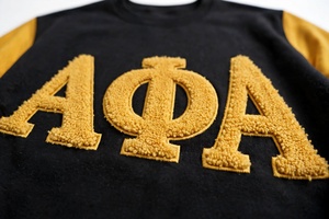 Custom Chenille Embroidery ΑΦΑ Sweatshirt <b>Black</b> Gold Colorblock Greek Fraternity Crewneck Unisex Heavyweight <b>Fleece</b> Pullover Top - Product Image 6