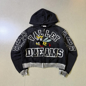 Sweat-shirt à capuche brodé Valley Dreams, coupe courte, fermeture éclair sur le devant, motif de dessin animé, unisexe, surdimensionné, décontracté, tricoté pour l'automne - Product Image 1