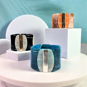 Handmade Resin Bead <b>Stretch</b> Wide <b>Bracelet</b> with Brass Inlay | Boho Style Chunky Fashion Cuff Jewelry for Women - Product Image 5