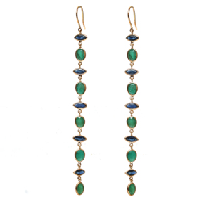 Pendientes colgantes lineales de esmeralda natural y zafiro azul en oro amarillo macizo de 18 quilates – Gemas marquesa y ovaladas engastadas en bisel - Product Image 1