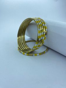 Handmade Brass Bangle Set of 6 yellow and White Polka Dot & Striped <b>Resin</b> Inlay Bracelets Stackable Geometric Statement Jewelry - Product Image 4