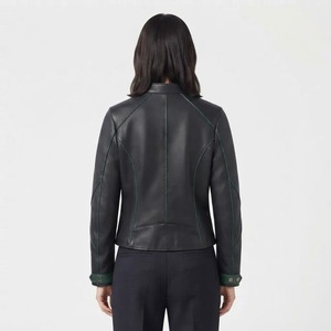 <b>Women's</b> Black Genuine Leather Moto <b>Jacket</b> With Green Contrast Stitching Full <b>Sleeve</b> Stand Collar Zipper Closure Autumn Style - Product Image 5