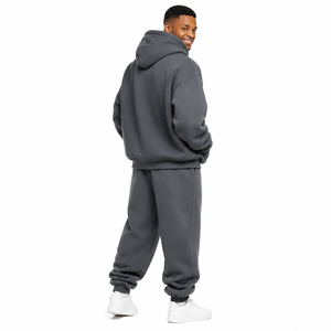 Men's Oversized Hooded Tracksuit Set Solid Gray Cotton <b>Joggers</b> with Front Logo Print Casual Autumn Wear Full Length Loose Fit - Product Image 2