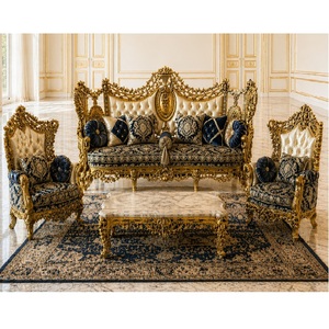 Ensemble de canapés gonflables carrés de style persan de luxe avec feuilles dorées sculptées, meubles de salon de style Maharaja haut de gamme, 5 places - Product Image 1