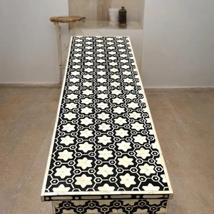 Table console réglable en hauteur, peinte à la main, motif floral noir et blanc, thème indien, avec tiroir et portes, décoration d'intérieur - Product Image 3