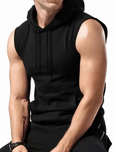 <b>Men</b> Tank Top New Quality Summer Solid Color <b>Black</b> Hooded Drawstring <b>Vest</b> with a Simple and Casual Style This <b>Vest</b> Latest Design - Product Image 2