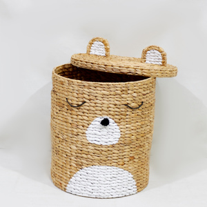 Eco Friendly Woven Water Hyacinth Cute Bear Laundry <b>Hamper</b> Storage <b>Basket</b> with Lid - Product Image 6