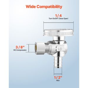 Confezione da 10 Valvole Angolari in Ceramica PEX da 1/2'' x 3/8'' OD, Valvole di Chiusura a 1/4 di Giro in Ottone Cromato - Product Image 4