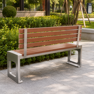 Banco de Parque Moderno de Madera con Estructura y Respaldo de Acero Inoxidable para Jardín, Patio y Espacios Públicos - Product Image 2