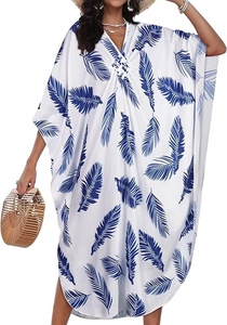 Robe longue kaftan pour femme à col rond, imprimé tropical, manches chauve-souris, coupe ample, ourlet asymétrique, tenue de plage estivale en polyester tissé - Product Image 5