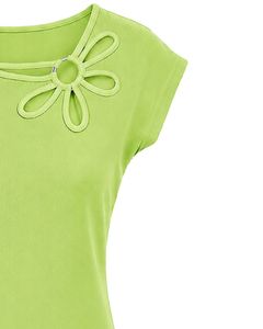 Blusa Casual de Verano para Mujer, Color Verde Lima, Personalizada, con Diseño Elegante de Cuello Floral, Manga Corta, Corte Holgado, para Uso Diario - Product Image 5