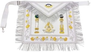 Masonic Past Master Emblem & Pillars Sheepskin Apron - Hand-Embroidered, All-White & Gold Design - Product Image 2