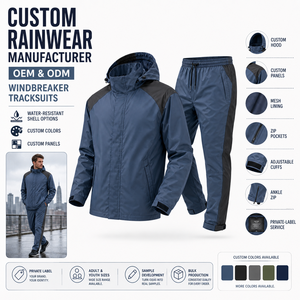 Custom Men's Navy Blue Waterproof <b>Hooded</b> Tracksuit Set Regular Fit Full Length Zipper Quick Dry Men's Tracksuit Set - Product Image 4