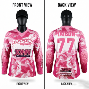 Camiseta de Paintball para Hombre, 180 GSM, Malla de Poliéster Premium, Rosa y Blanca, Secado Rápido, Impresión Digital, Paneles Acolchados, Logotipo Personalizado, Antibacteriana - Product Image 1