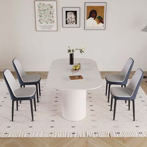 Tavolo da Pranzo in Stile Moderno Medievale da 160 cm in MDF Color Crema con Set di 4 Sedie da Pranzo in PU, Piano in Metallo Nero e Gambe in Metallo - Product Image 3
