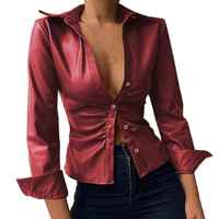 Herbstliche sexy V-Ausschnitt PU-Leder Damenhemden und -blusen, elegante Büro-Damenhemden, langärmlige Damenblusen, Clubwear-Kleider