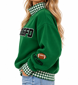 Wholesale Custom <b>Women</b>’s Green Mock Neck <b>Sweatshirt</b> <b>White</b> Gingham Plaid Faux Layered Design Embroidered Football Logo Oversized - Product Image 2