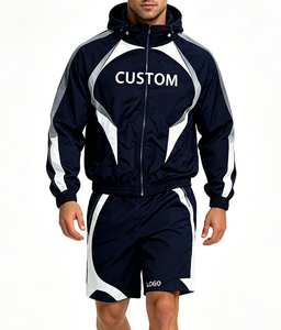 Chaqueta cortavientos personalizada para hombre, talla grande, de secado rápido, ecológica, con capucha, cremallera completa, bloques de color, al por mayor, ropa urbana para exteriores - Product Image 1
