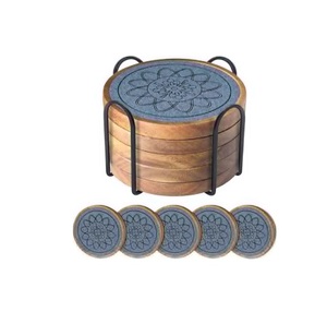 Beautiful Engraved Flower Design Round Wooden Coaster Decorative Water Serving Coaster With Black Metal Stand - Product Image 1