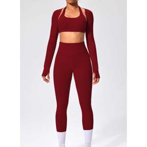 Wholesale Custom Women's Yoga Sets 2-Piece Breathable <b>Skin</b>-friendly Spandex/Polyester Seamless Half Sleeve Stand Neck Drawstring - Product Image 5