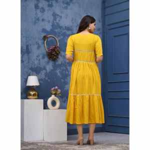 Mustard Yellow 100% Cotton <b>Sweet</b> Washable Maxi Dress Women V Neck a Line Casual Summer Dress - Product Image 4