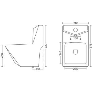 Inodoro de esquina de una pieza, moderno y duradero, de porcelana blanca con acabado diamante, 675x360x720mm, para uso comercial en baños. - Product Image 2