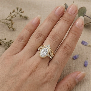 Oval Cut Halo Engagement <b>Ring</b> <b>Set</b> 14K <b>Gold</b> Lab Grown Diamond Vintage Bridal <b>Ring</b> <b>Set</b> for Women - Product Image 4