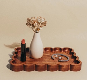 Bandeja rectangular larga ondulada de madera festoneada para joyas, estilo vintage, de madera maciza tallada, pulida, de grado comercial - Product Image 6