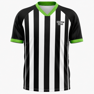 Men Black White Striped <b>Referee</b> Shirt Green V Neck Trim Short Sleeve Professional Football Officials Performance Game Jersey - Product Image 1
