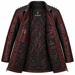 Abrigo Largo de Cuero Genuino Borgoña para Hombre con Estampado Gráfico de Escorpión, Estilo Motero con Tachuelas, Proveedor OEM ODM Personalizado, Exportación a Granel - Product Image 5