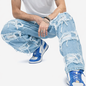 Jeans de mezclilla para hombre, estilo Y2K, de cintura alta, rectos, transpirables, desgastados, a la moda, para streetwear. - Product Image 1
