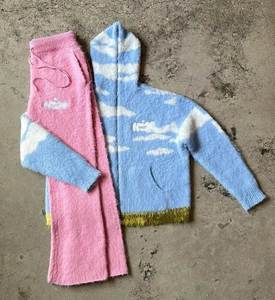 high quality Men's Mohair Sweater Sets Fuzzy Mohair Flared Sweatpants and Hoodie Set Winter Knitted Mohair Sweater Tracksuit - Product Image 2