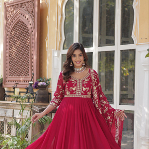 Robe Anarkali brodée - Ensemble de 2 robes lourdes effet fleuri avec broderies multicolores et Zari, et dupatta - Product Image 1