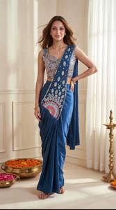 Conjunto de Saree de Satén Azul Bordado para Mujer, Estilo Indio Moderno para Bodas, Fiestas, Diwali, Blusa sin Mangas, Dupatta, Corte en A - Product Image 2