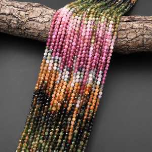 Perles rondes de tourmaline naturelle multicolore facettées, extra translucides, dégradé rose, vert, jaune doré, en fil. - Product Image 2