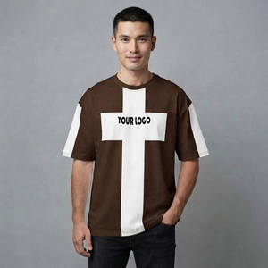 T-shirt en toile à manches courtes pour homme, coupe classique, col rond, marron et blanc, décontracté, style streetwear, séchage rapide - Product Image 1