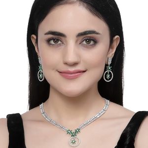 Conjunto de Collar y Pendientes de Flor Chapados en Oro con Circones, Joyería Clásica de Boda para Mujer, Imitación de Perlas y Piedra Azul, Conjuntos de Joyería de Aleación - Product Image 2