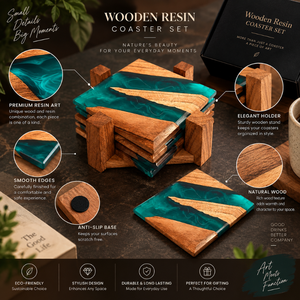 Premium Mango Wood <b>Epoxy</b> Resin Coaster Set with Holder Square Drink Coasters Anti Slip Table Mats for Cups Mugs Home Office Gift - Product Image 5