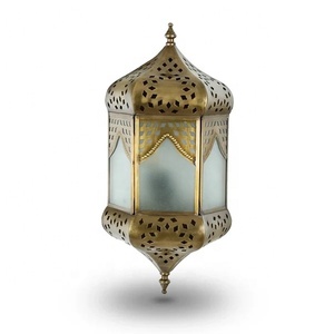 <b>Moroccan</b> Hanging Palace Arch Metal Lantern with Frosted Glass Antique Brass Finish Decorative Candle Holder for Ramadan <b>Decor</b> - Product Image 3