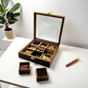 Antique Design Spice Organizer Wooden Storage <b>Box</b> Indian Handicraft Brown <b>Herb</b> & Spice Tools Wood Polish Kitchen <b>Herb</b> Storage - Product Image 4