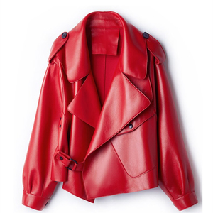 Chaqueta Blusón de Cuero Sintético Verde para Mujer, Manga Corta, Hombros Caídos, Cuello Camisero, Estilo Otoñal con Epaulettes y Cierre de Cinturón - Product Image 2
